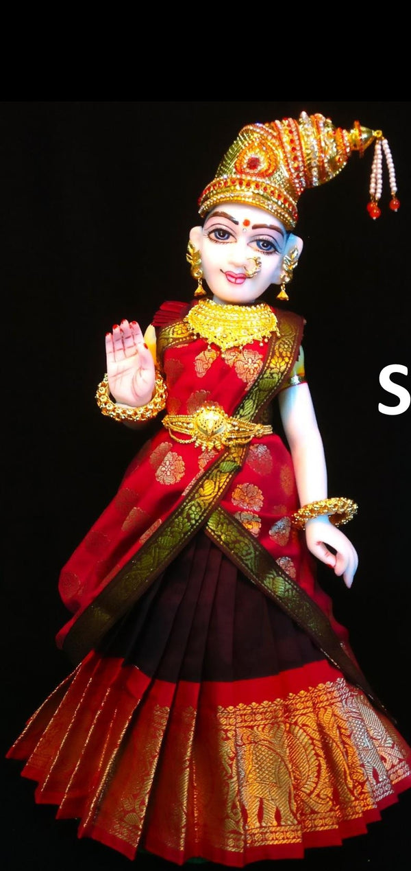 Deity half saree / lehenga patka made of Kanchivaram Pure Silk fabric. - Dark Brown colour lehenga with Red Border and Red colour dupatta