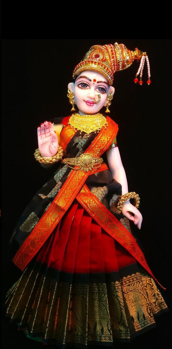 Deity half saree / lehenga patka made of Kanchivaram Pure Silk fabric. - Orange colour lehenga with Dark Green Border and Dark Green colour dupatta