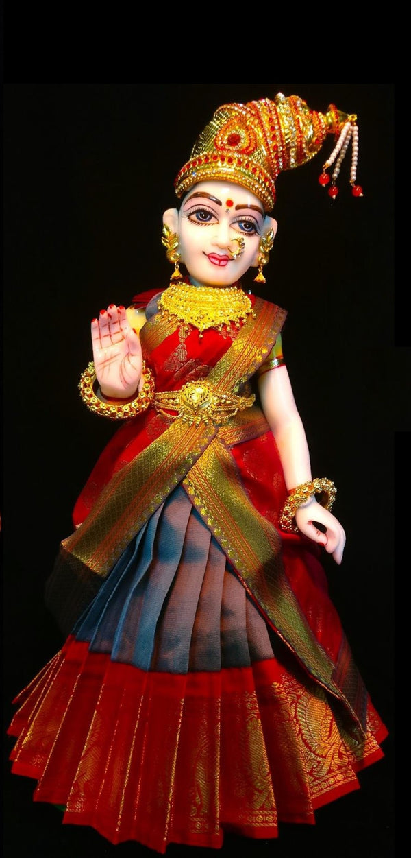 Deity half saree / lehenga patka made of Kanchivaram Pure Silk fabric. - Greyish Blue colour lehenga with Red Border and Red colour dupatta