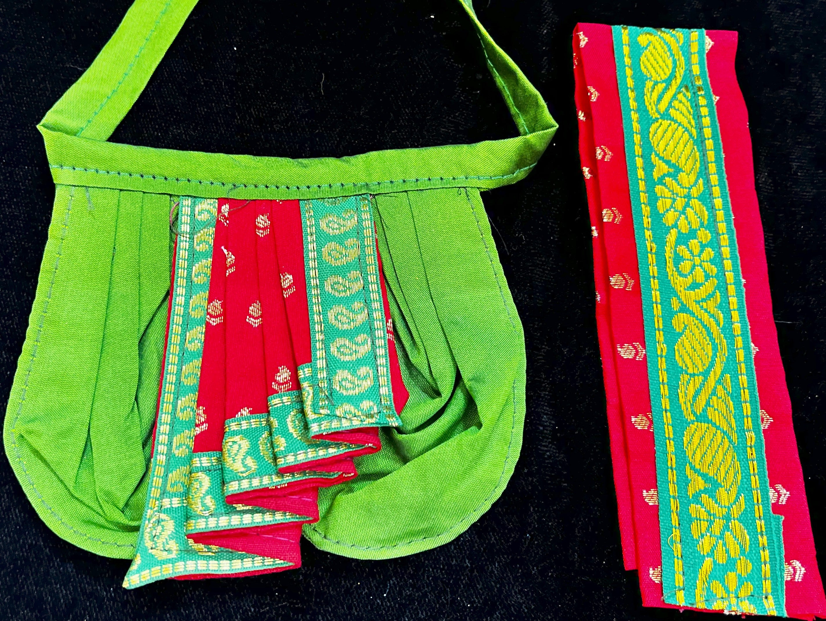God Idol Dress – Dhoti, Bhgavan dress, Deity dhoti patka/shalya, Khes, Patka, Uparna Vastra for Ganpati, Krishna, Balaji, Murugan, Isar Ji | Gangaur, made of Kanchivaram Pure Silk material - Parrot Green colour dhoti with Red Border and Red colour Shalya