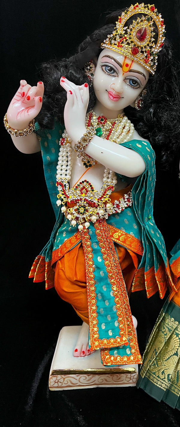 God Idol Dress – Dhoti, Bhgavan dress, Deity dhoti patka/shalya, Khes, Patka, Uparna Vastra for Ganpati, Krishna, Balaji, Murugan, Isar Ji | Gangaur, made of Kanchivaram Pure Silk material - Orange colour dhoti with Green Border and Teal colour Shalya