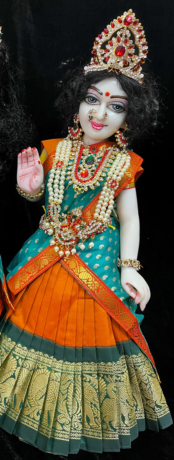 Deity half saree / lehenga patka made of Kanchivaram Pure Silk fabric. - Orange colour lehenga with Green Border and Teal colour dupatta