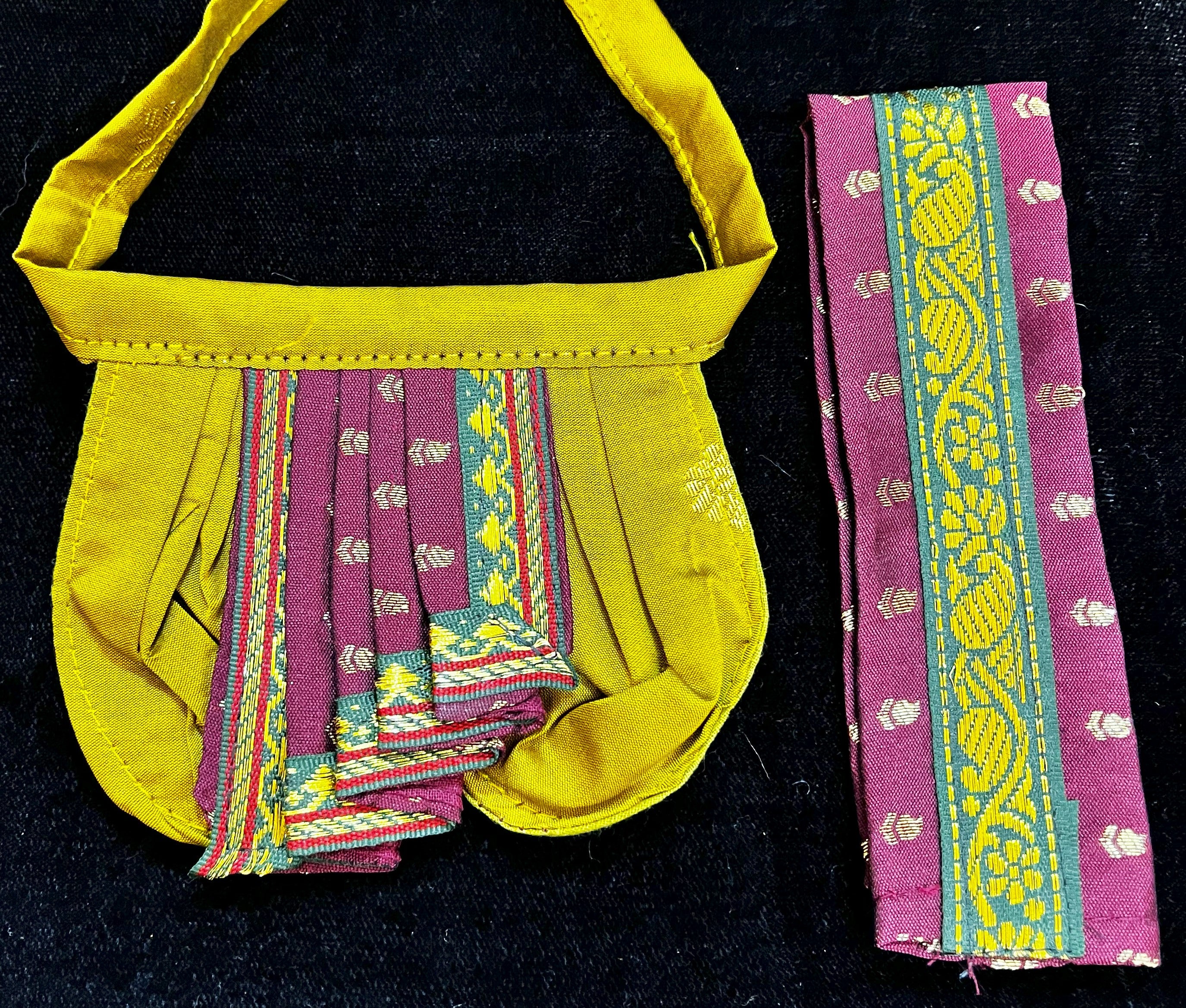 God Idol Dress – Dhoti, Bhgavan dress, Deity dhoti patka/shalya, Khes, Patka, Uparna Vastra for Ganpati, Krishna, Balaji, Murugan, Isar Ji | Gangaur, made of Kanchivaram Pure Silk material - Mustard colour dhoti with Green Border and Maroon colour Shalya