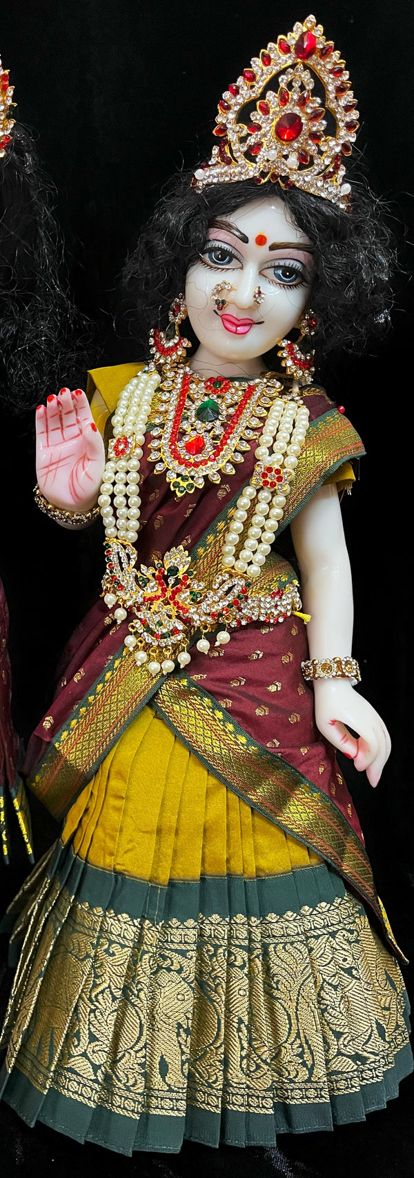Deity half saree / lehenga patka made of Kanchivaram Pure Silk fabric. - Mustard colour lehenga with Green Border and Maroon colour dupatta