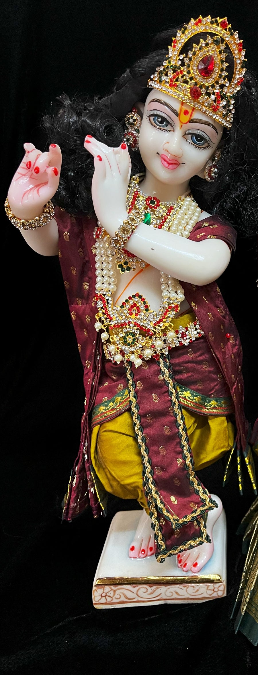 God Idol Dress – Dhoti, Bhgavan dress, Deity dhoti patka/shalya, Khes, Patka, Uparna Vastra for Ganpati, Krishna, Balaji, Murugan, Isar Ji | Gangaur, made of Kanchivaram Pure Silk material - Mustard colour dhoti with Green Border and Maroon colour Shalya