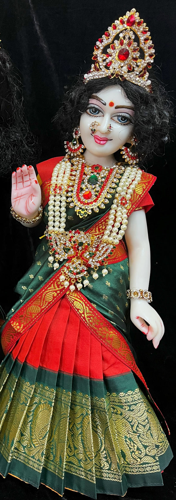 Deity half saree / lehenga patka made of Kanchivaram Pure Silk fabric. - Red colour lehenga with Dark Green Border and Dark Green colour dupatta