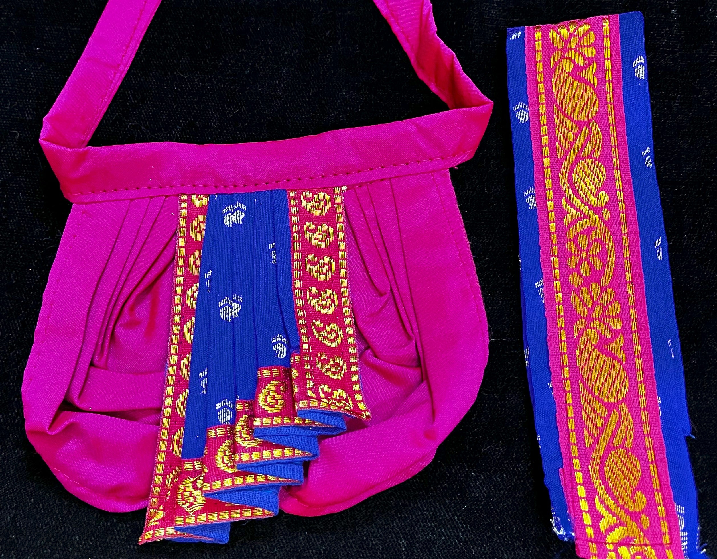 God Idol Dhoti Patka/Shalya, Kanchivaram Pure Silk - Rani Pink colour dhoti with Green Border and Royal Blue colour Shalya 3