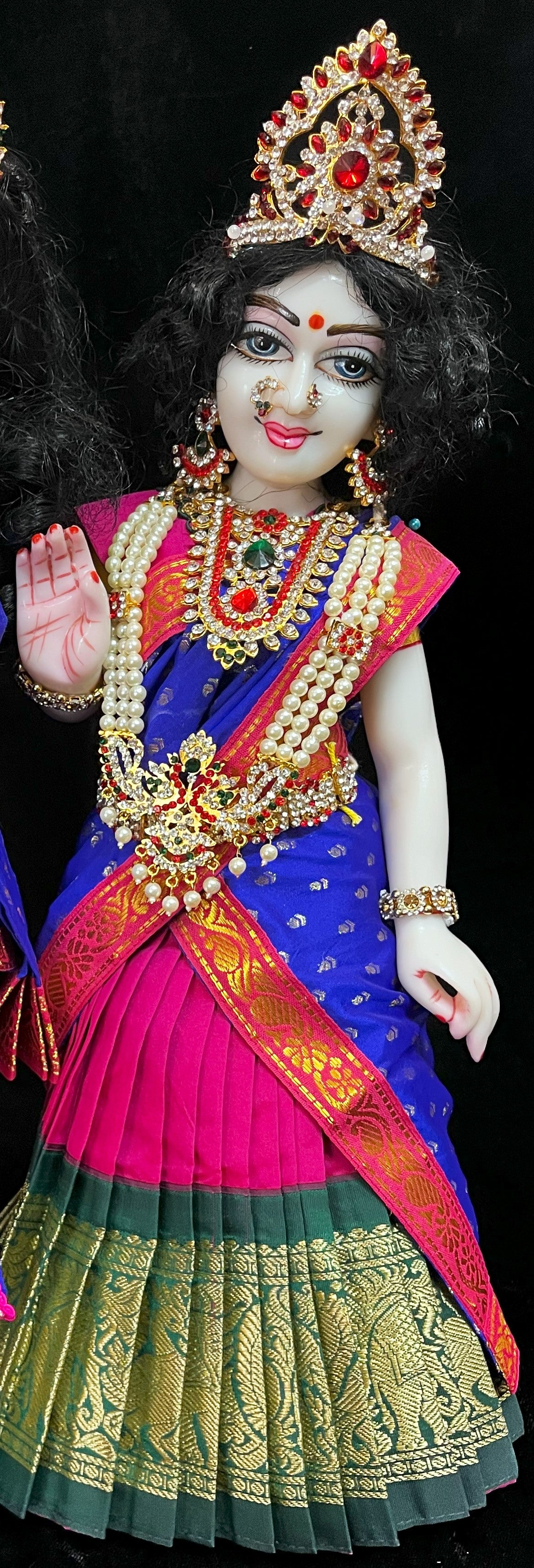 Deity half saree / lehenga patka made of Kanchivaram Pure Silk fabric. - Rani Pink colour lehenga with Green Border and Royal Blue colour dupatta 1