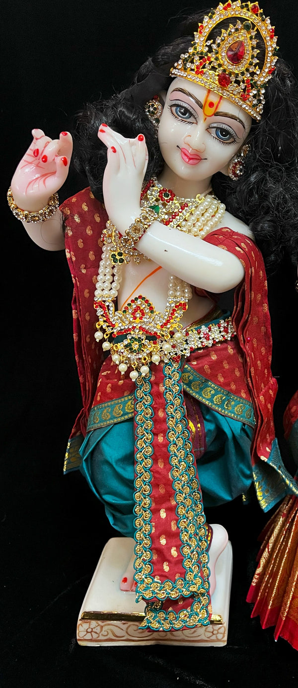 God Idol Dress – Dhoti, Bhgavan dress, Deity dhoti patka/shalya, Khes, Patka, Uparna Vastra for Ganpati, Krishna, Balaji, Murugan, Isar Ji | Gangaur, made of Kanchivaram Pure Silk material - Teal Blue colour dhoti with red Border and Maroon colour Shalya