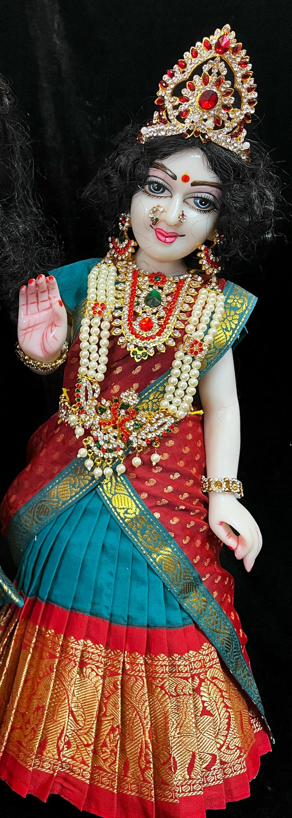 Deity half saree / lehenga patka made of Kanchivaram Pure Silk fabric. - Teal Blue colour lehenga with red Border and Maroon colour dupatta