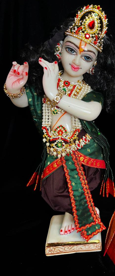 God Idol Dress – Dhoti, Bhgavan dress, Deity dhoti patka/shalya, Khes, Patka, Uparna Vastra for Ganpati, Krishna, Balaji, Murugan, Isar Ji | Gangaur, made of Kanchivaram Pure Silk material - Dark Brown colour dhoti with Red Border and Green colour Shalya