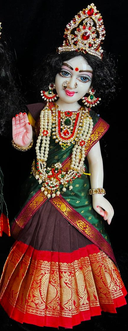 Deity half saree / lehenga patka made of Kanchivaram Pure Silk fabric. - Dark Brown colour lehenga with Red Border and Green colour dupatta 1