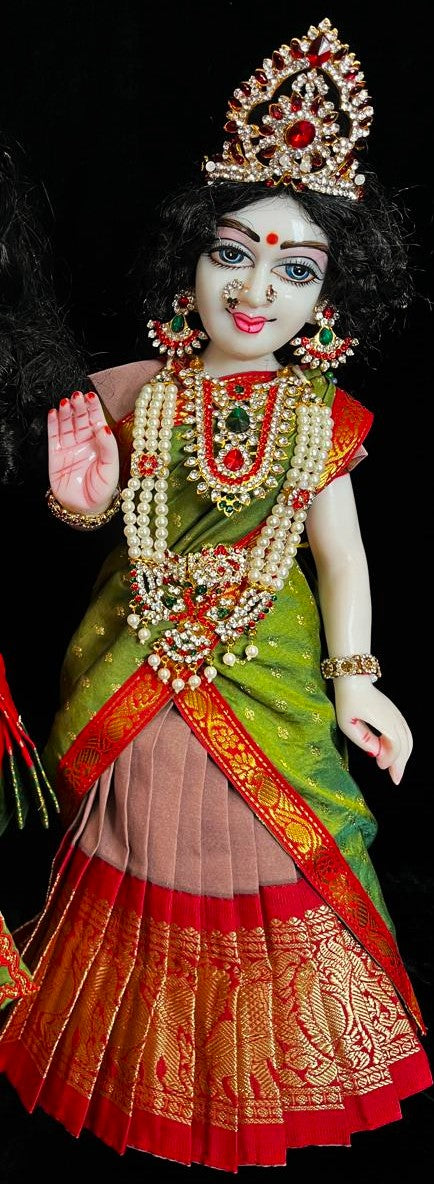 Deity half saree / lehenga patka made of Kanchivaram Pure Silk fabric. - Onion colour lehenga with Red Border and Sap Light Green colour dupatta