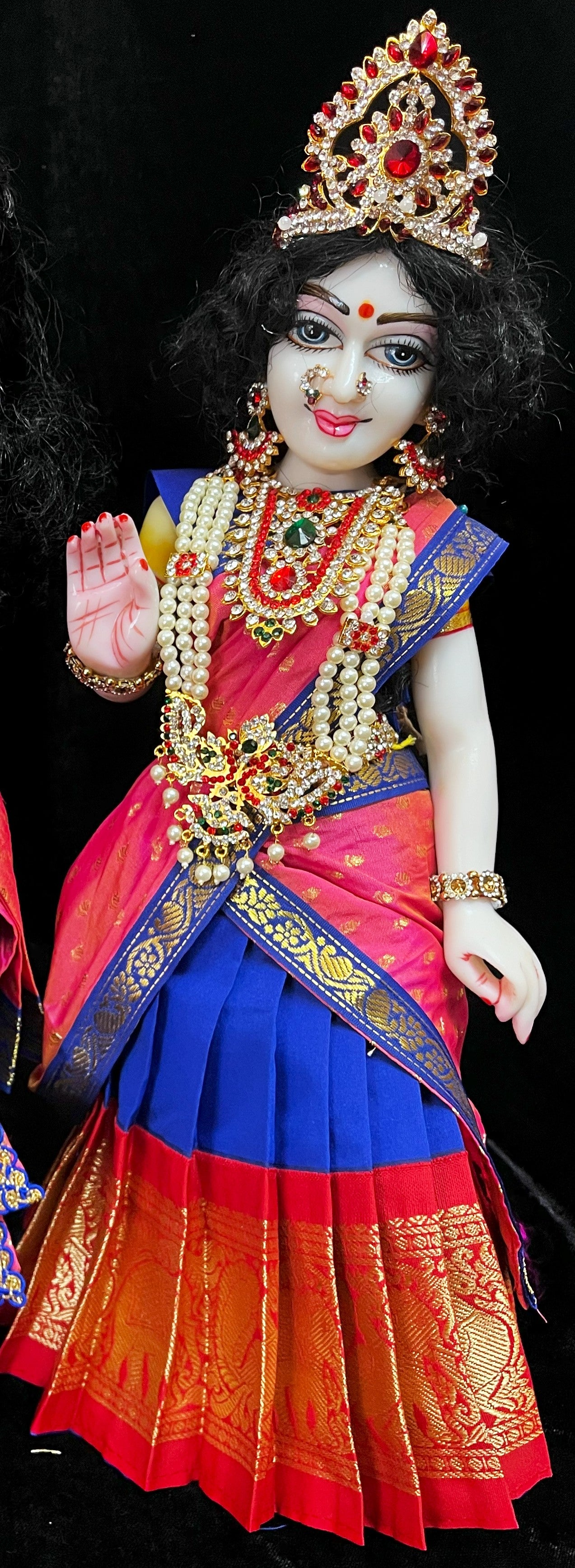Deity half saree / lehenga patka made of Kanchivaram Pure Silk fabric. - Royal Blue colour lehenga with Red Border and Light Pink colour dupatta 1