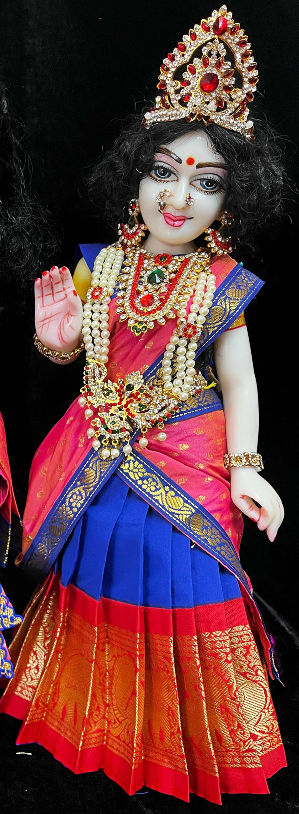 Deity half saree / lehenga patka made of Kanchivaram Pure Silk fabric. - Royal Blue colour lehenga with Red Border and Light Pink colour dupatta
