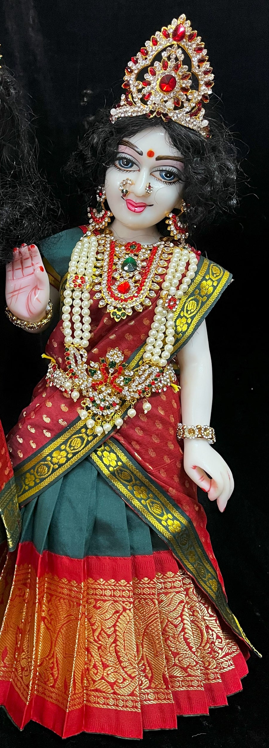 Deity half saree / lehenga patka made of Kanchivaram Pure Silk fabric. - Teal green colour lehenga with Red Border and Maroon colour dupatta
