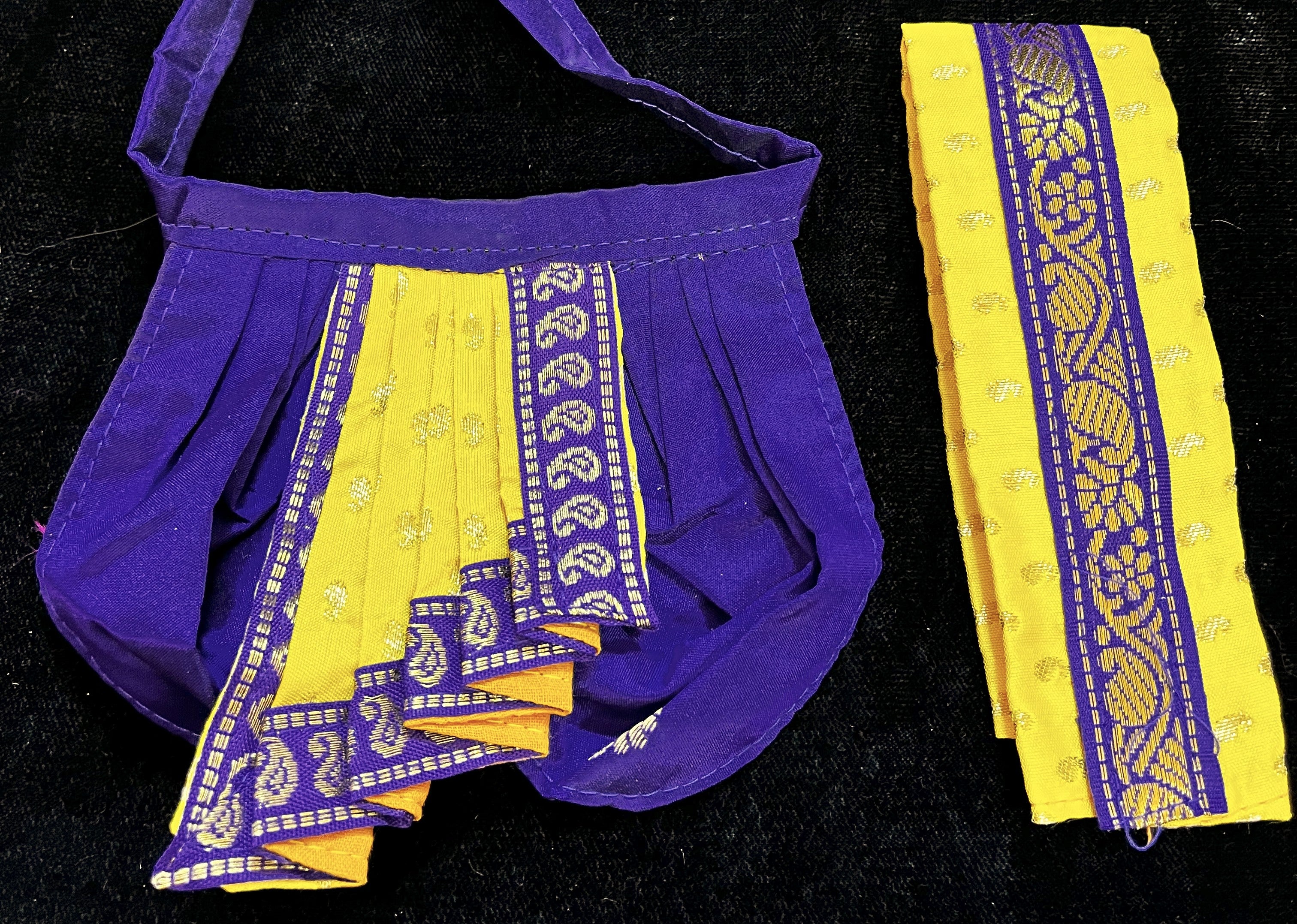 God Idol Dress – Dhoti, Bhgavan dress, Deity dhoti patka/shalya, Khes, Patka, Uparna Vastra for Ganpati, Krishna, Balaji, Murugan, Isar Ji | Gangaur, made of Kanchivaram Pure Silk material - Voilet colour dhoti with Red Border and Yellow colour Shalya 2