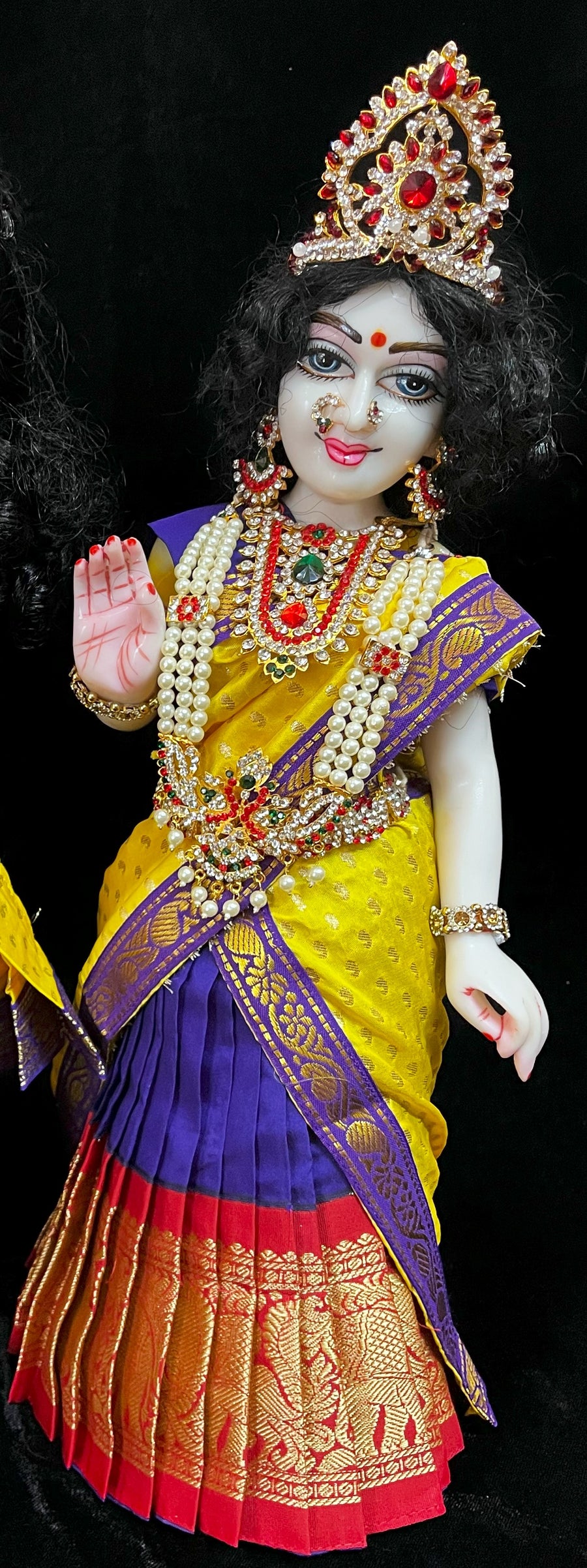 Deity half saree / lehenga patka made of Kanchivaram Pure Silk fabric. - Voilet colour lehenga with Red Border and Yellow colour dupatta