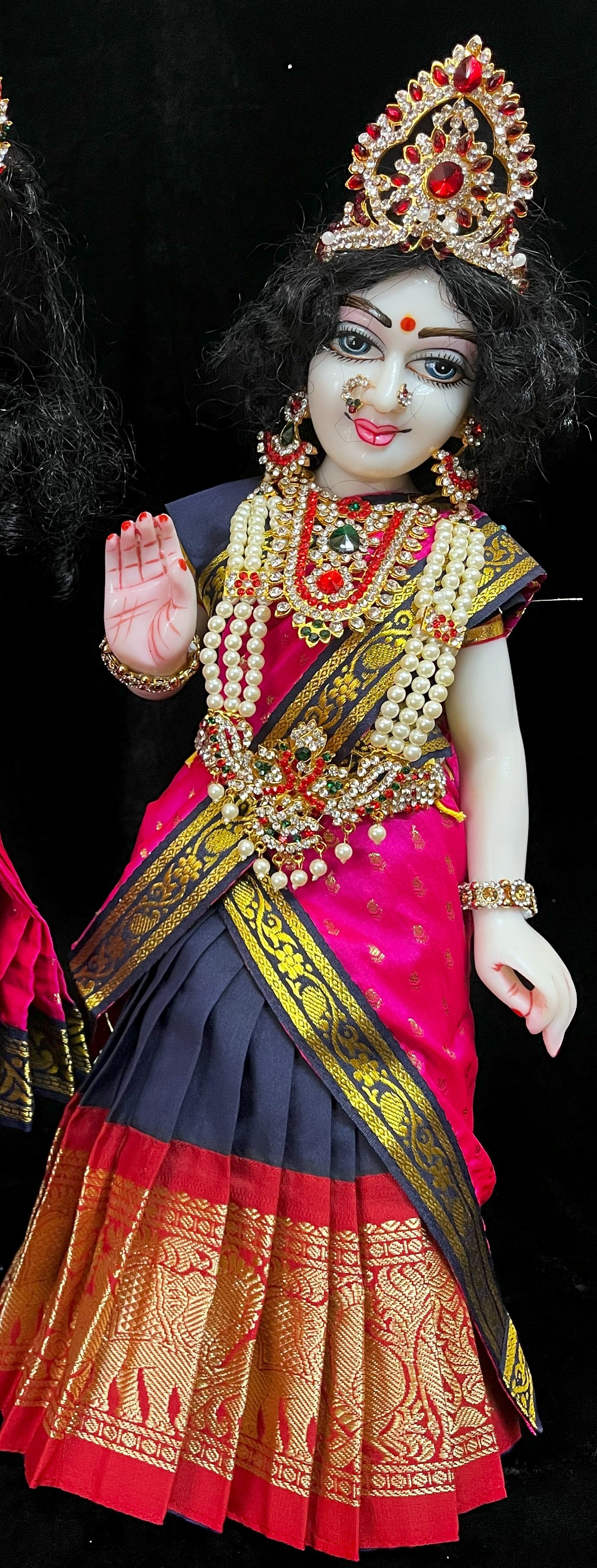 Deity half saree / lehenga patka made of Kanchivaram Pure Silk fabric. - Dark Blue colour lehenga with Red Border and Pink colour dupattaa 1