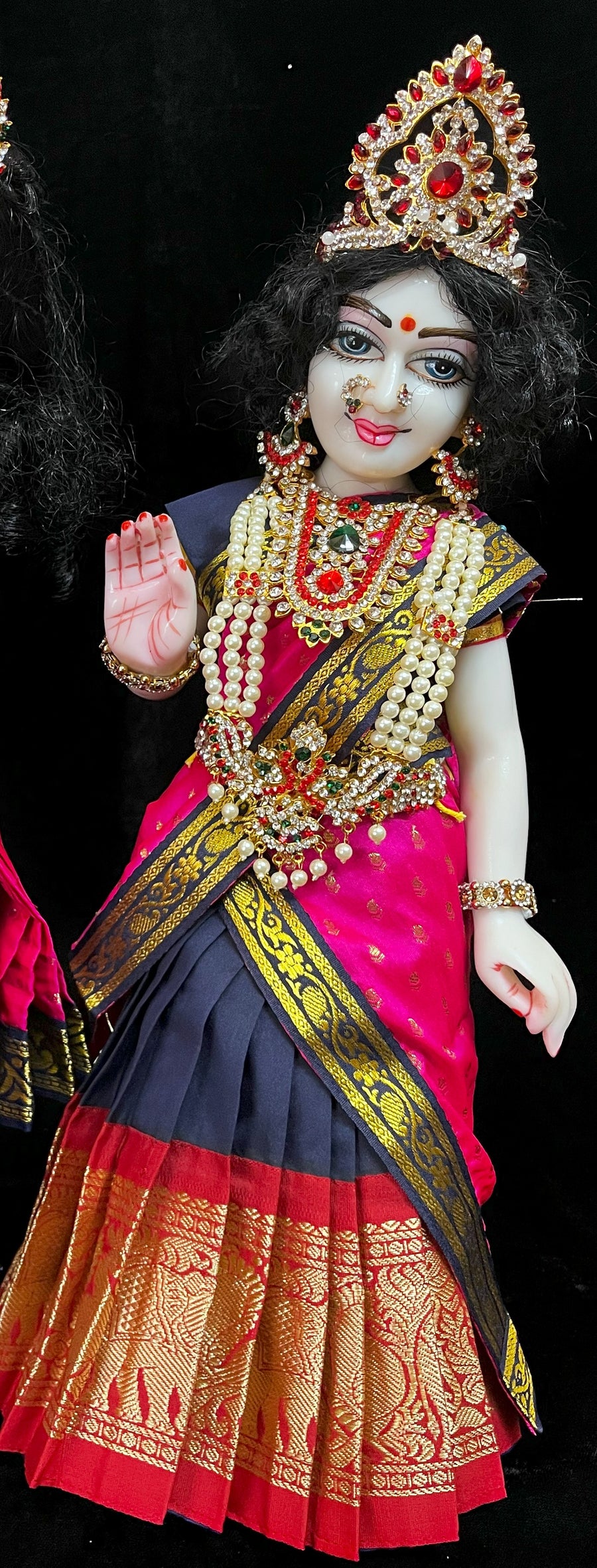 Deity half saree / lehenga patka made of Kanchivaram Pure Silk fabric. - Dark Blue colour lehenga with Red Border and Pink colour dupattaa