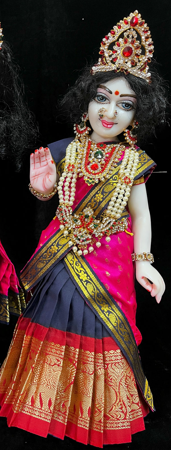 Deity half saree / lehenga patka made of Kanchivaram Pure Silk fabric. - Dark Blue colour lehenga with Red Border and Pink colour dupattaa