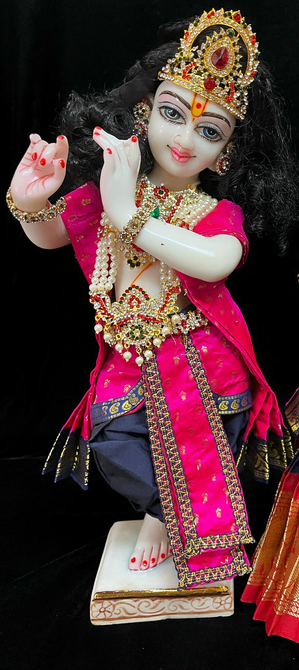 God Idol Dress – Dhoti, Bhgavan dress, Deity dhoti patka/shalya, Khes, Patka, Uparna Vastra for Ganpati, Krishna, Balaji, Murugan, Isar Ji | Gangaur, made of Kanchivaram Pure Silk material - Dark Blue colour dhoti with Red Border and Pink colour Shalyaa