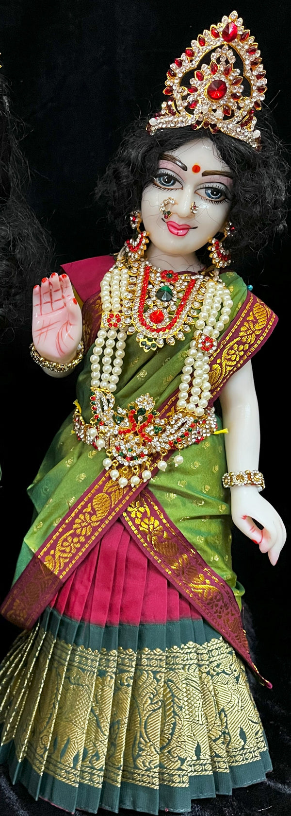 Deity half saree / lehenga patka made of Kanchivaram Pure Silk fabric. - Maroon colour lehenga with Green Border and Sap Green colour dupatta