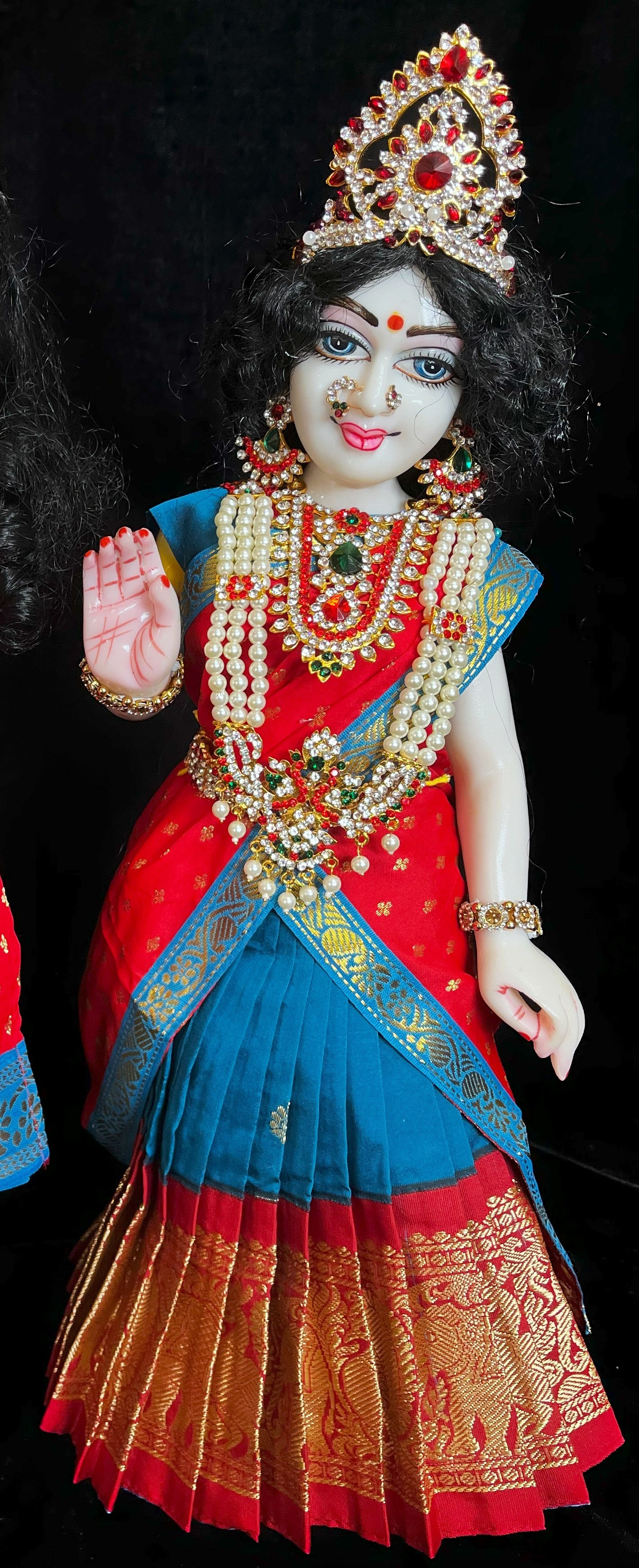 Deity half saree / lehenga patka made of Kanchivaram Pure Silk fabric. - Light blue colour lehenga with Red Border and Red colour dupatta 1