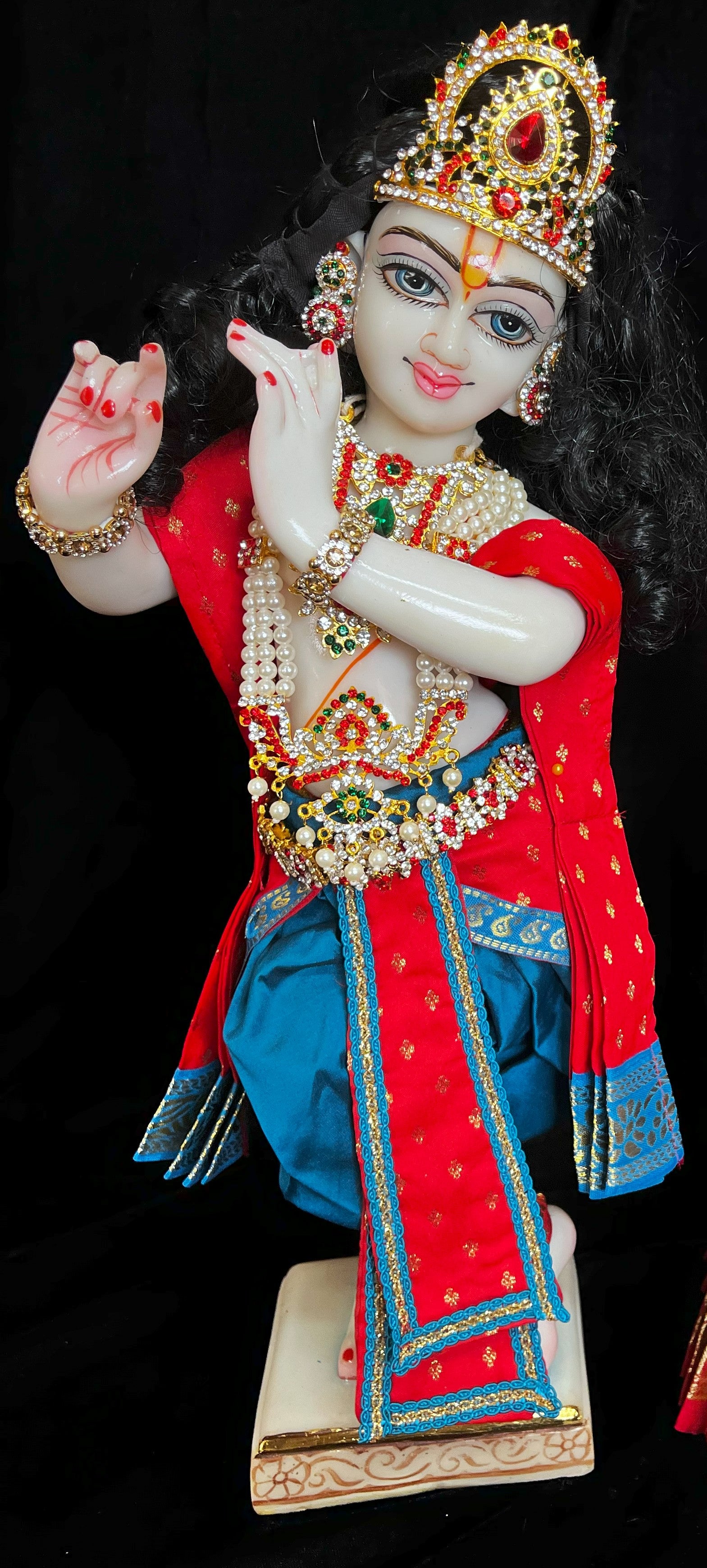 God Idol Dress – Dhoti, Bhgavan dress, Deity dhoti patka/shalya, Khes, Patka, Uparna Vastra for Ganpati, Krishna, Balaji, Murugan, Isar Ji | Gangaur, made of Kanchivaram Pure Silk material - Light blue colour dhoti with Red Border and Red colour Shalya 1