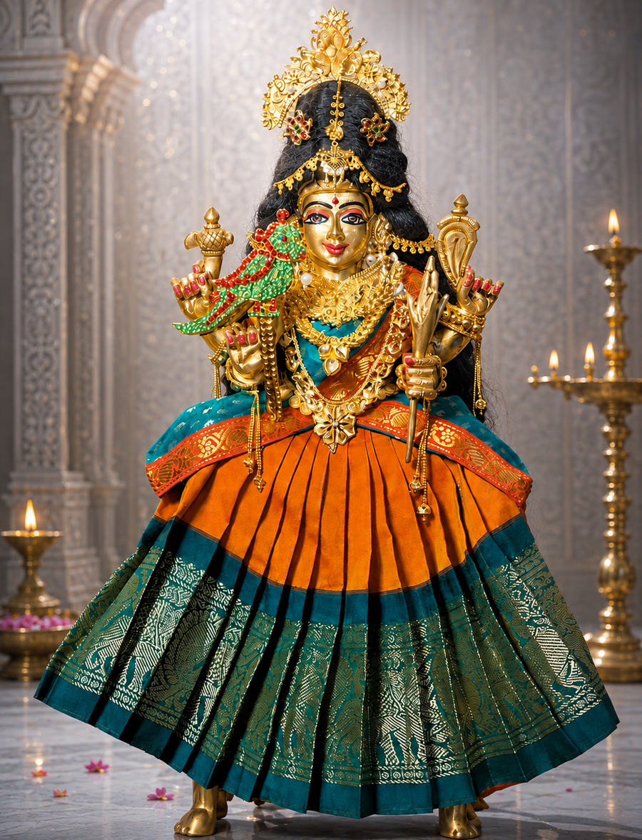 Deity half saree / lehenga patka made of Kanchivaram Pure Silk fabric. - Orange colour lehenga with Green Border and Teal colour dupatta