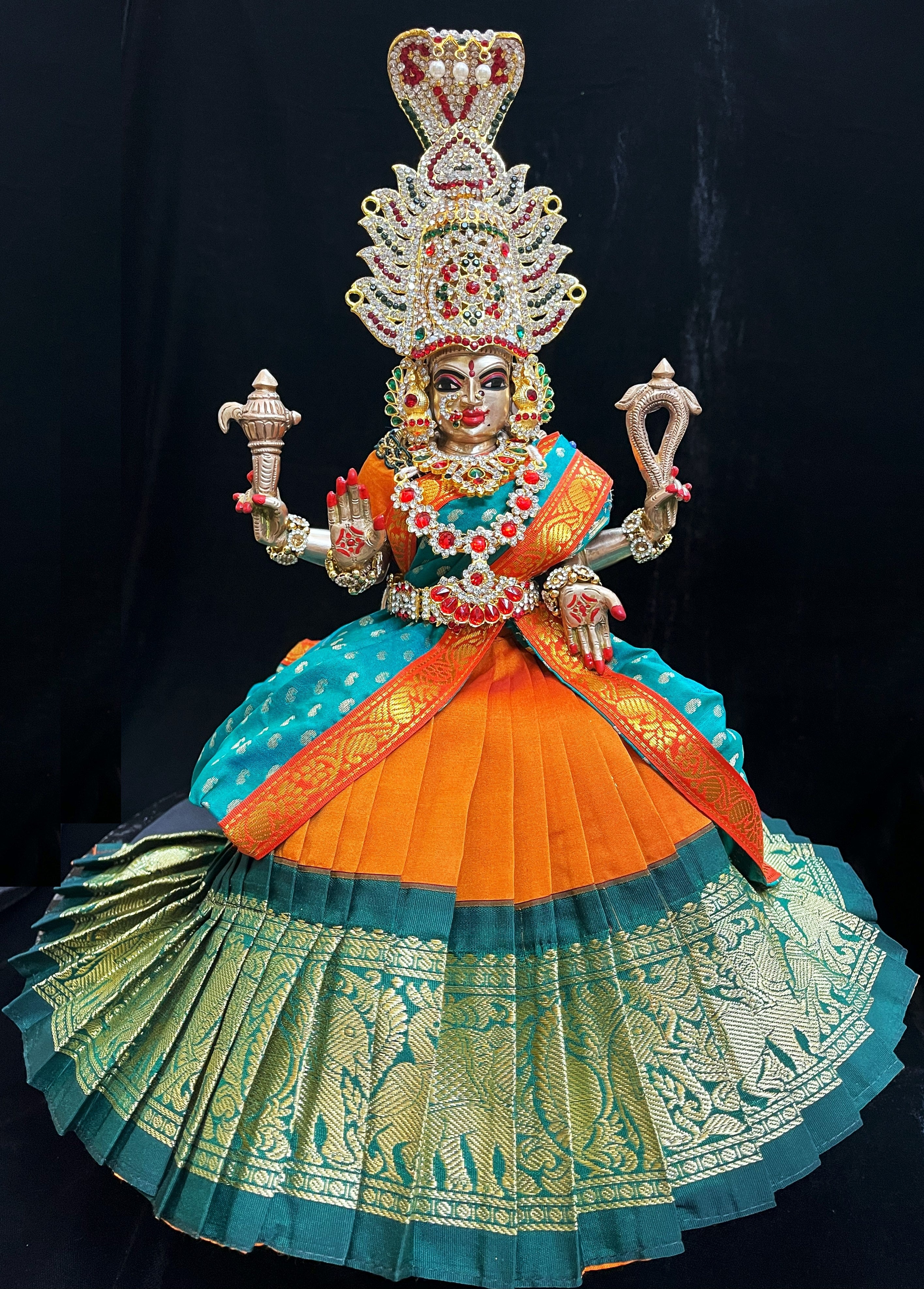 Deity half saree / lehenga patka made of Kanchivaram Pure Silk fabric. - Orange colour lehenga with Green Border and Teal colour dupatta 3