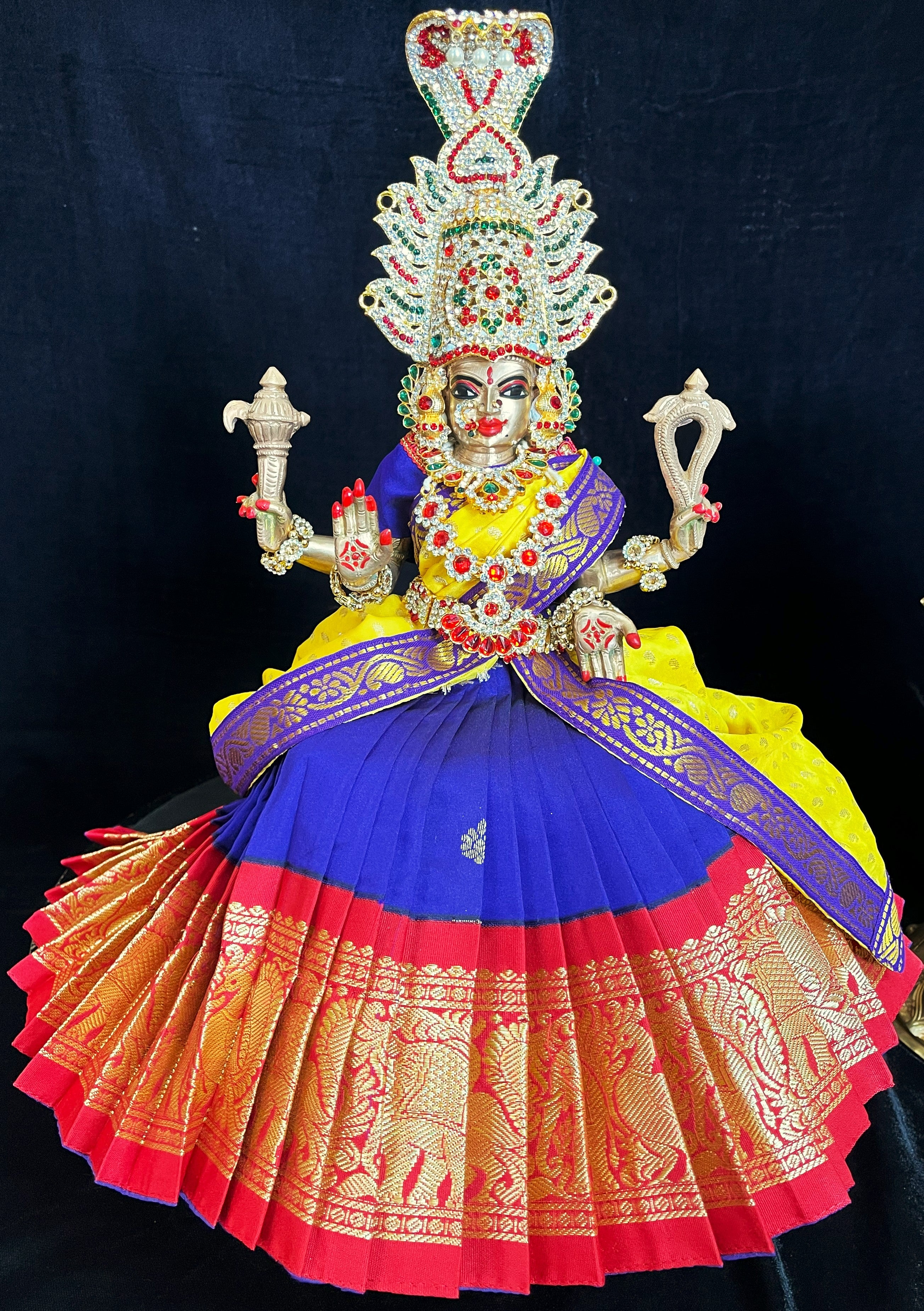 Deity half saree / lehenga patka made of Kanchivaram Pure Silk fabric. - Voilet colour lehenga with Red Border and Yellow colour dupatta 2