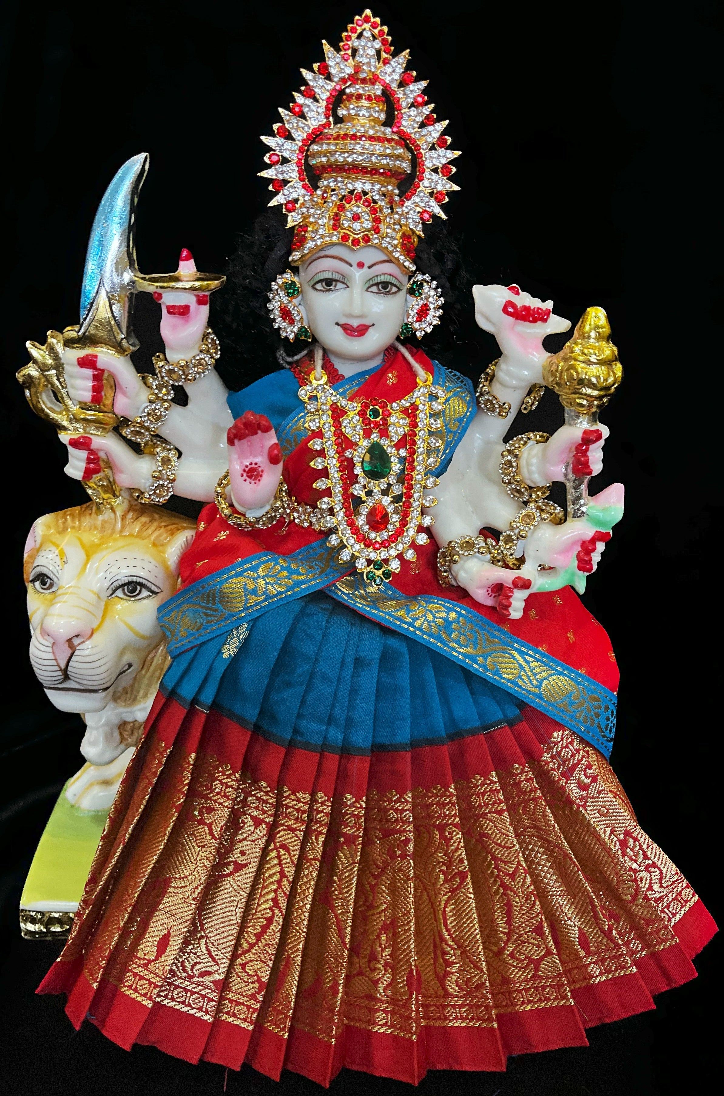 Deity half saree / lehenga patka made of Kanchivaram Pure Silk fabric. - Light blue colour lehenga with Red Border and Red colour dupatta 3