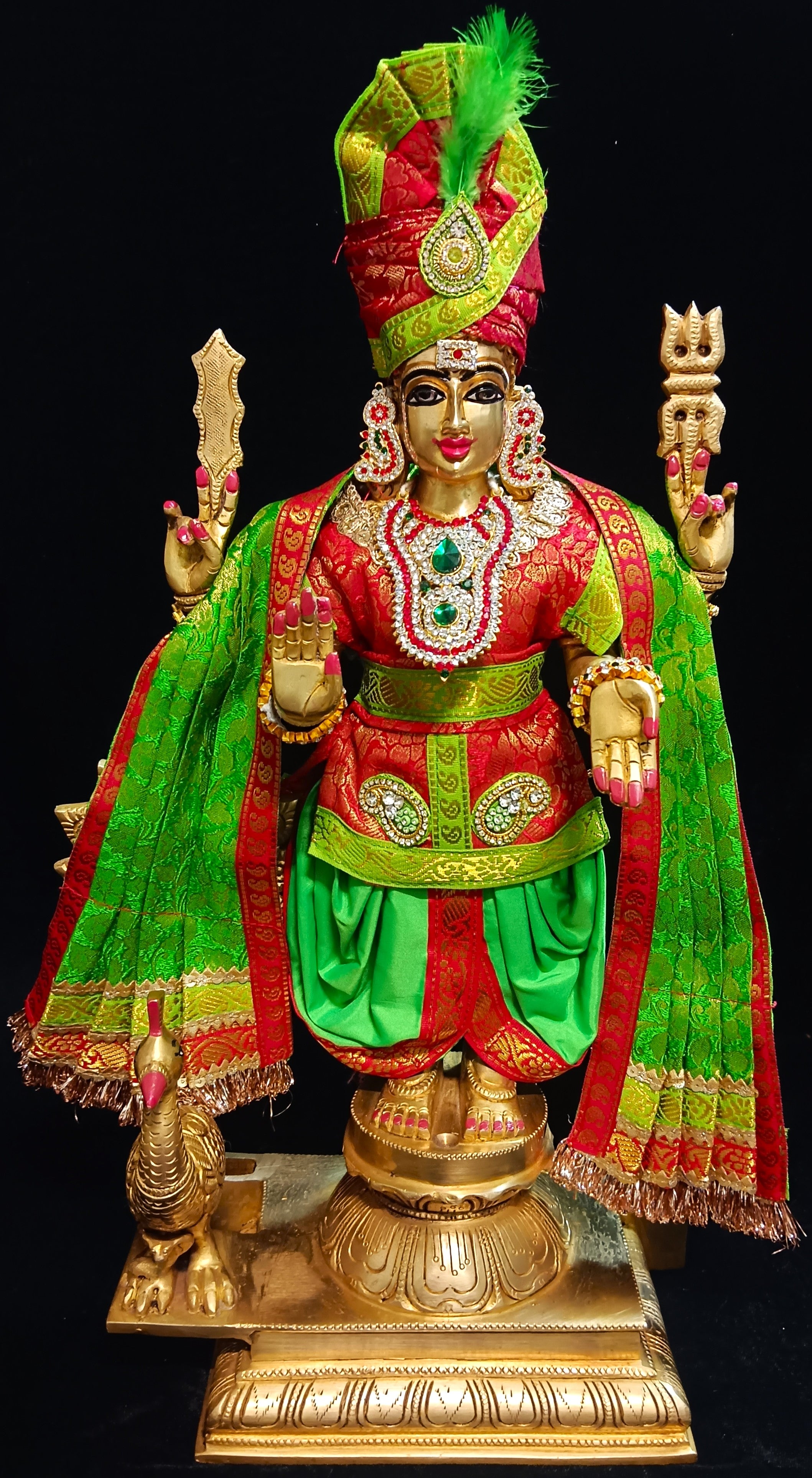 Raja Murugan Pre-Stitched Silk Dress Set in Brocade Silk (not pure silk) - Red kurta and pagdi with Green dhoti and shalya 1