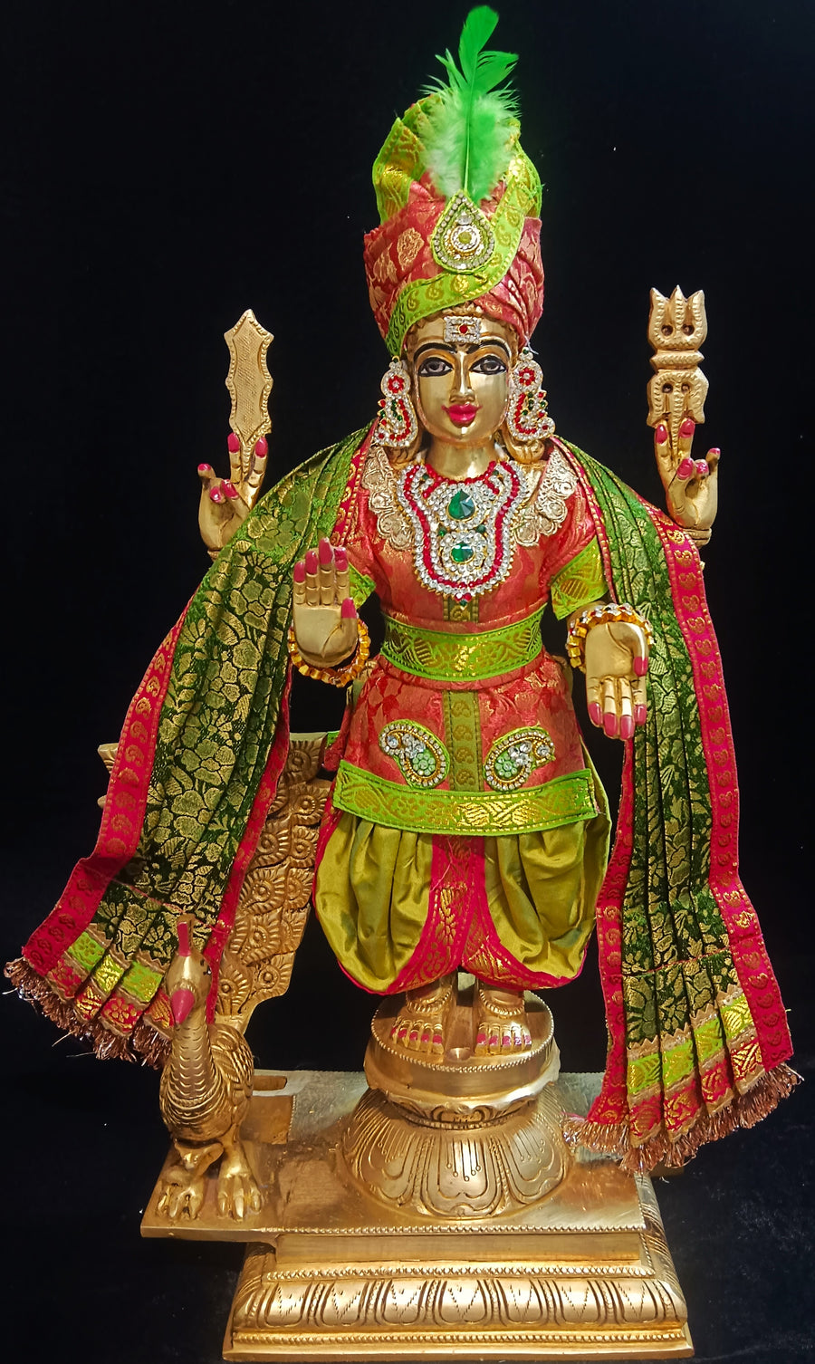 Raja Murugan Pre-Stitched Silk Dress Set in Brocade Silk (not pure silk) - Soft Red kurta and pagdi with Sap Green dhoti and shalya