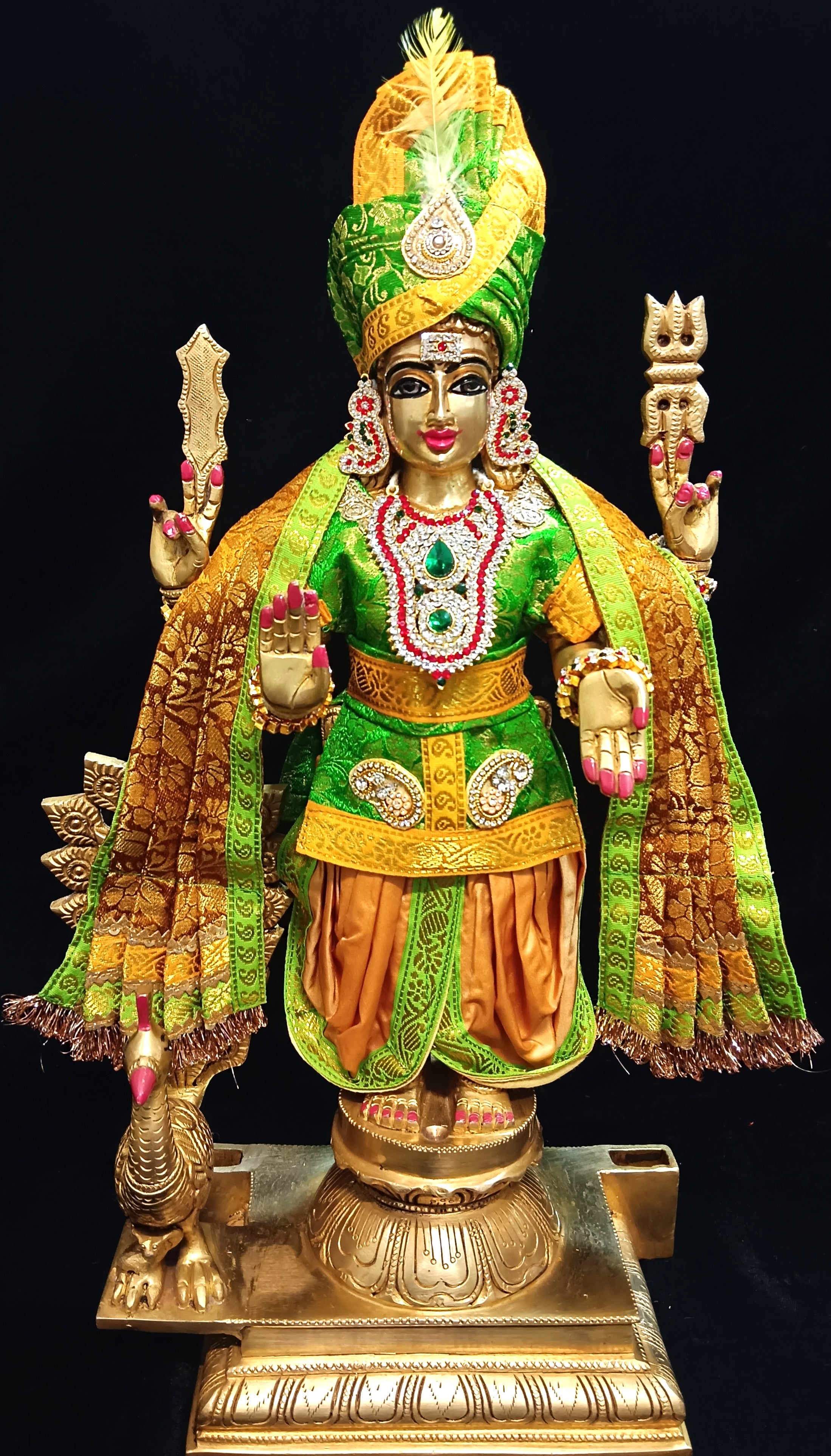 Raja Murugan Pre-Stitched Silk Dress Set in Brocade Silk (not pure silk) - Parrot Green kurta and pagdi with Mustard dhoti and shalya 1