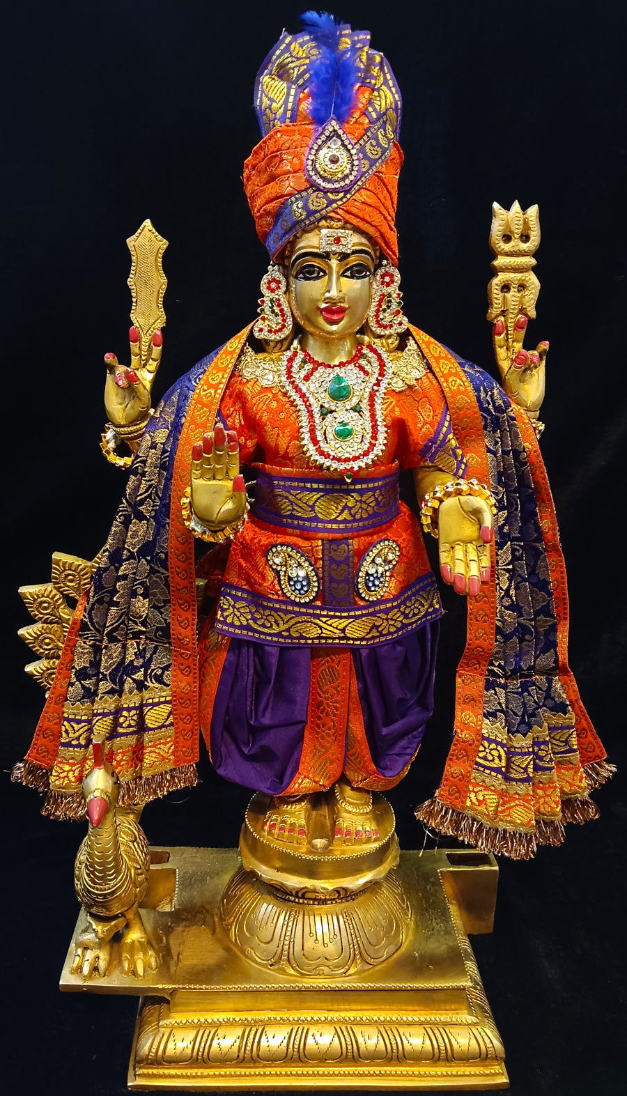 Raja Murugan Pre-Stitched Silk Dress Set in Brocade Silk (not pure silk) - Orange kurta and pagdi with Purple dhoti and shalya