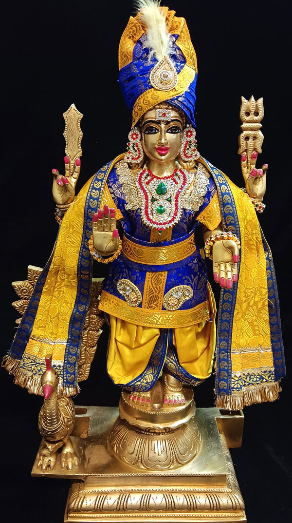 Raja Murugan Pre-Stitched Silk Dress Set in Brocade Silk (not pure silk) - Royal Blue kurta and pagdi with Yellow dhoti and shalya