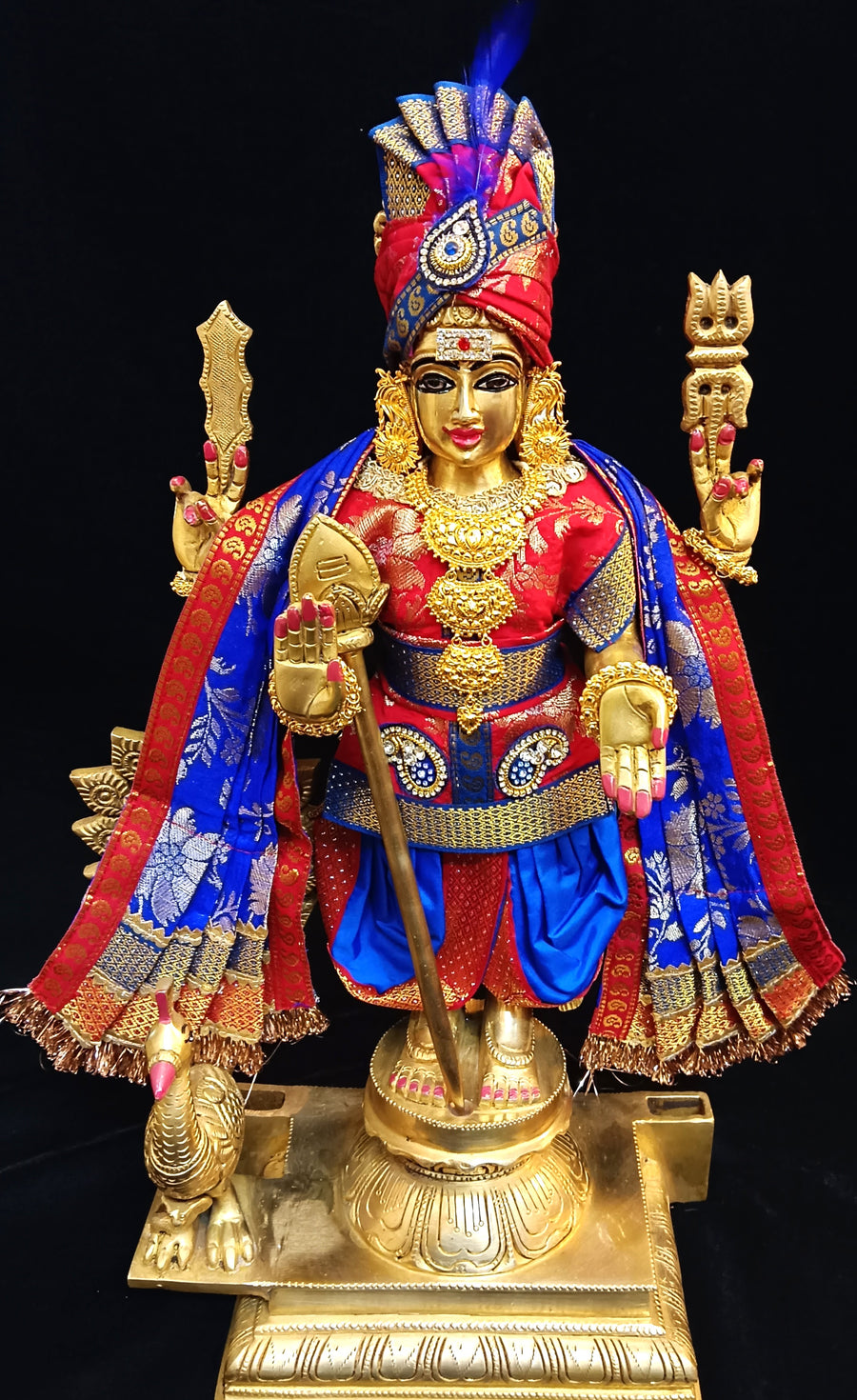 Raja Murugan Pre-Stitched Silk Dress Set in Chanderi Zari Silk (not pure silk) - Red kurta and pagdi with Royal Blue dhoti and shalya