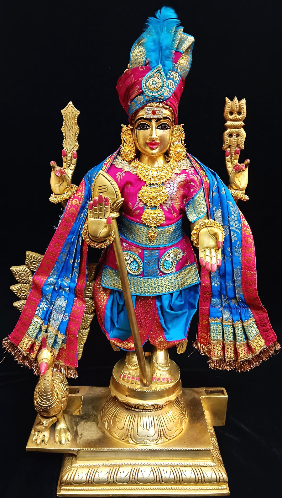 Raja Murugan Pre-Stitched Silk Dress Set in Chanderi Zari Silk (not pure silk) - Rani Pink kurta and pagdi with Sky Blue dhoti and shalya