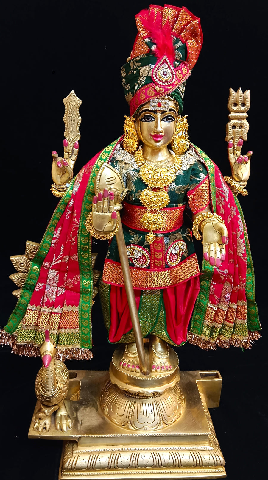 Raja Murugan Pre-Stitched Silk Dress Set in Chanderi Zari Silk (not pure silk) - Dark Green kurta and pagdi with Red dhoti and shalya