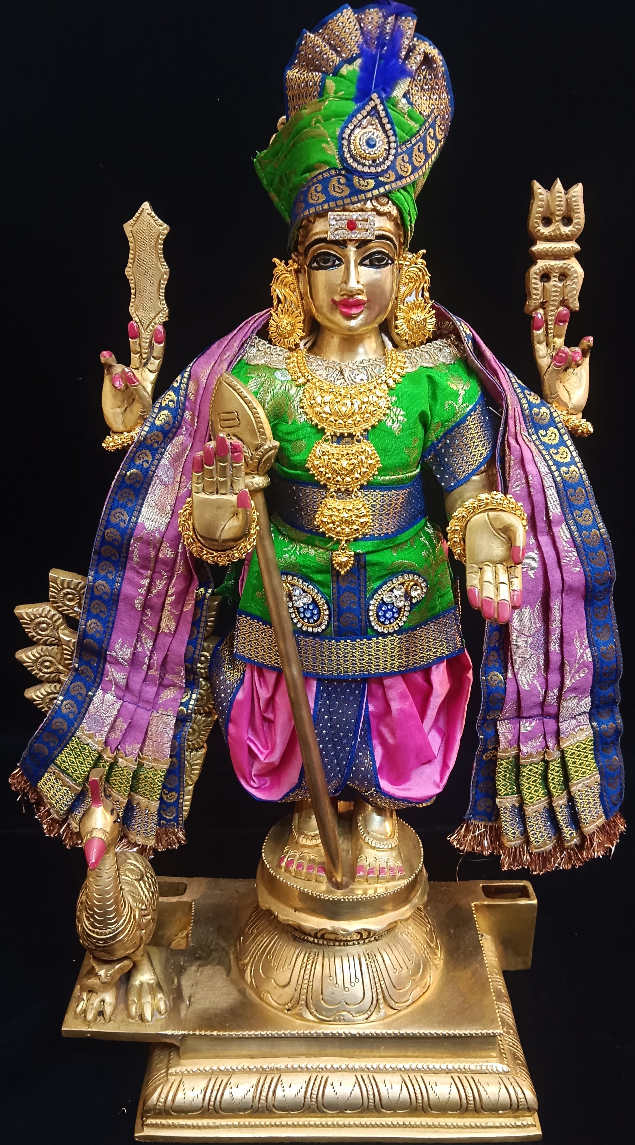 Raja Murugan Pre-Stitched Silk Dress Set in Chanderi Zari Silk (not pure silk) - Parrot Green kurta and pagdi with Pastel Pink dhoti and shalya 1