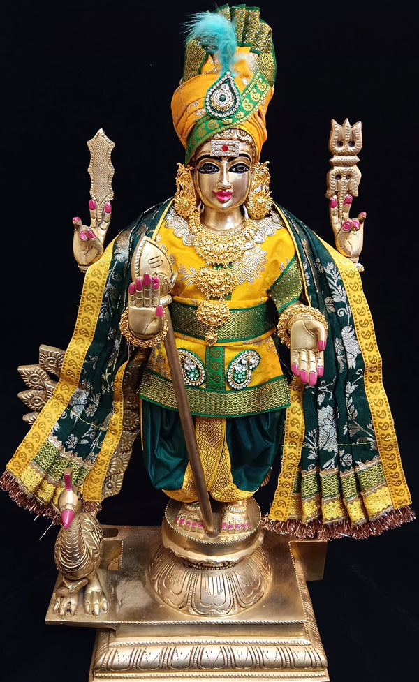 Raja Murugan Pre-Stitched Silk Dress Set in Chanderi Zari Silk (not pure silk) - Yellow kurta and pagdi with Dark Green dhoti and shalya