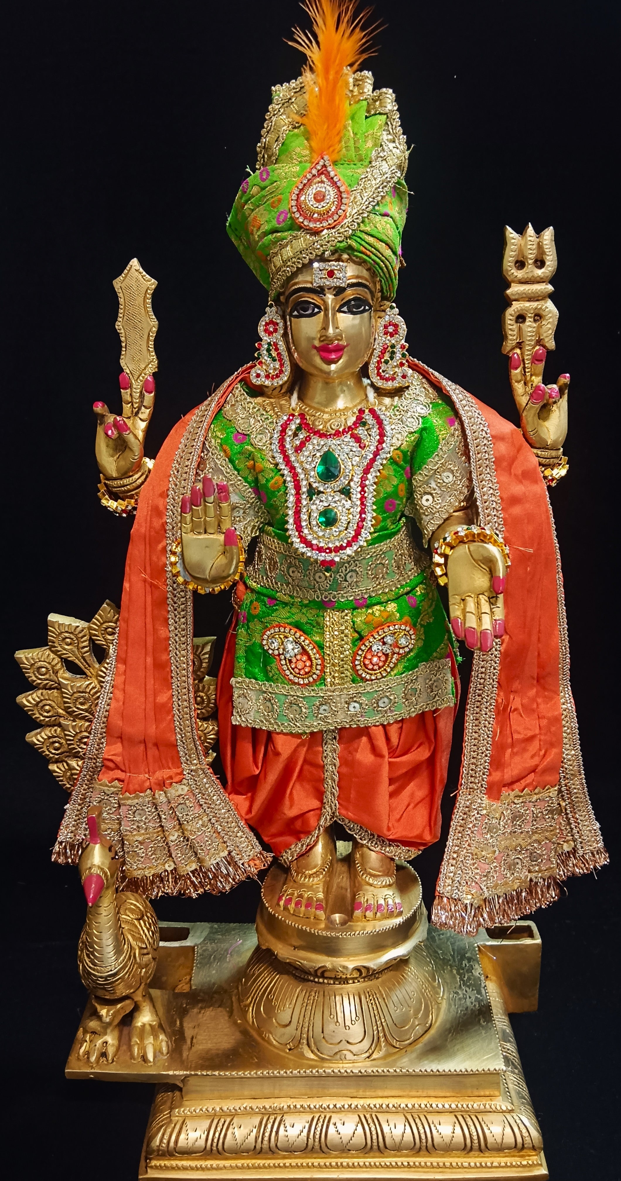 Raja Murugan Pre-Stitched Silk Dress Set in Multicolored Chanderi Silk (not pure silk) - Green kurta and pagdi with orange dhoti and shalya 1