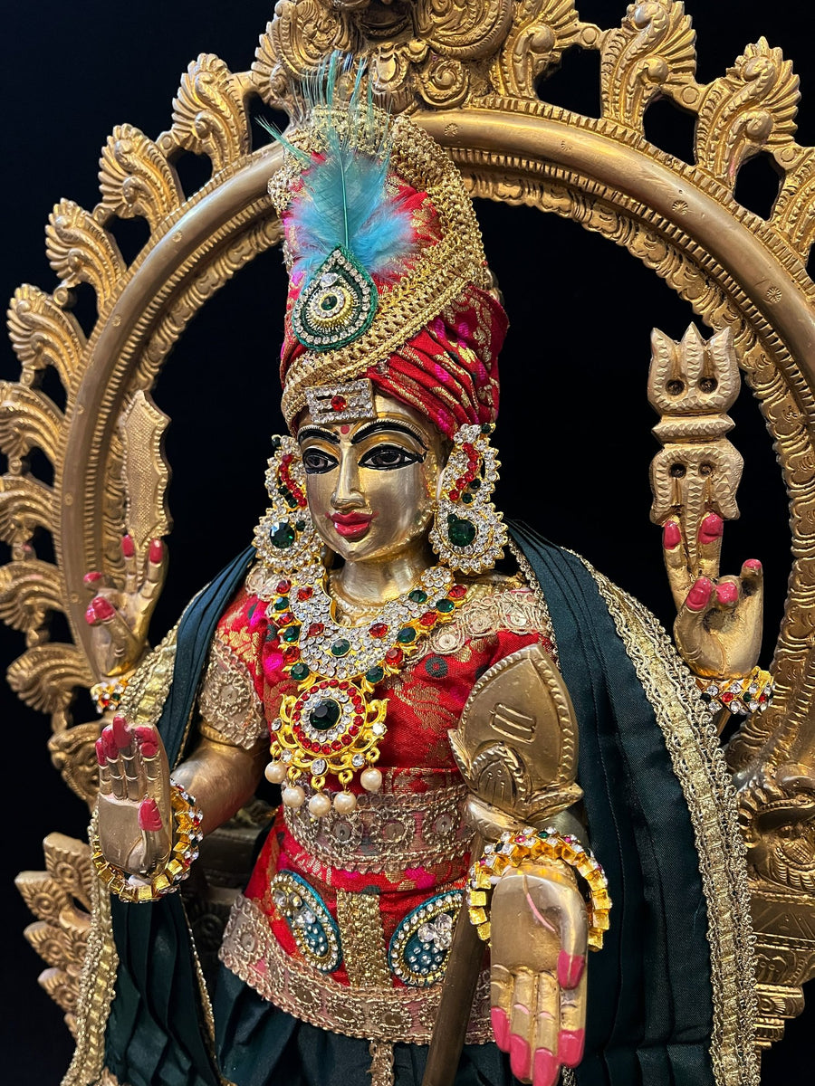 Raja Murugan Pre-Stitched Silk Dress Set in Multicolored Chanderi Silk (not pure silk) - Red kurta and pagdi with Dark Green dhoti and shalya