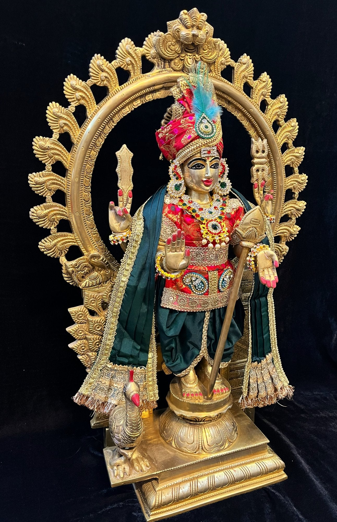 Raja Murugan Pre-Stitched Silk Dress Set in Multicolored Chanderi Silk (not pure silk) - Red kurta and pagdi with Dark Green dhoti and shalya 3