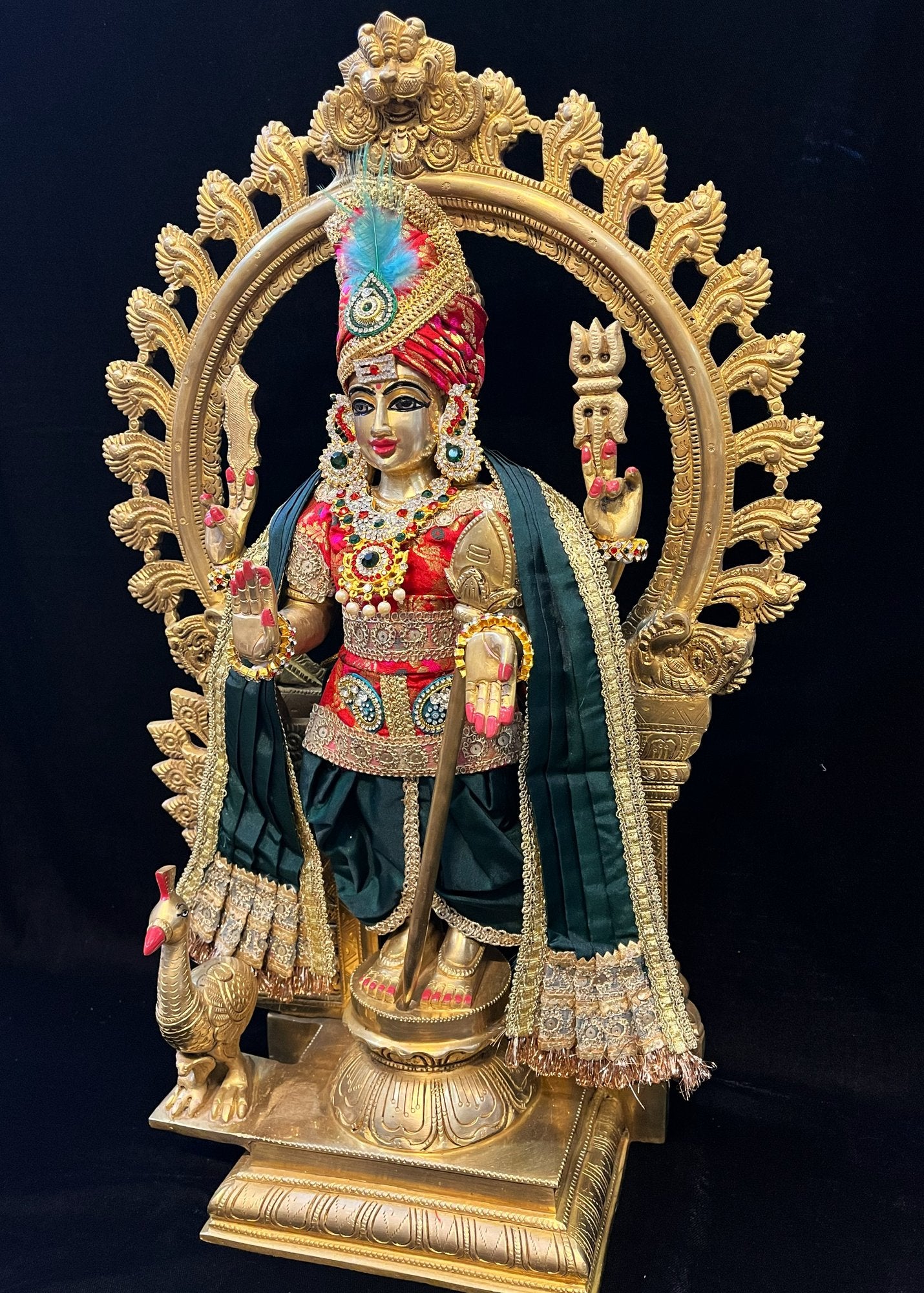 Raja Murugan Pre-Stitched Silk Dress Set in Multicolored Chanderi Silk (not pure silk) - Red kurta and pagdi with Dark Green dhoti and shalya 4