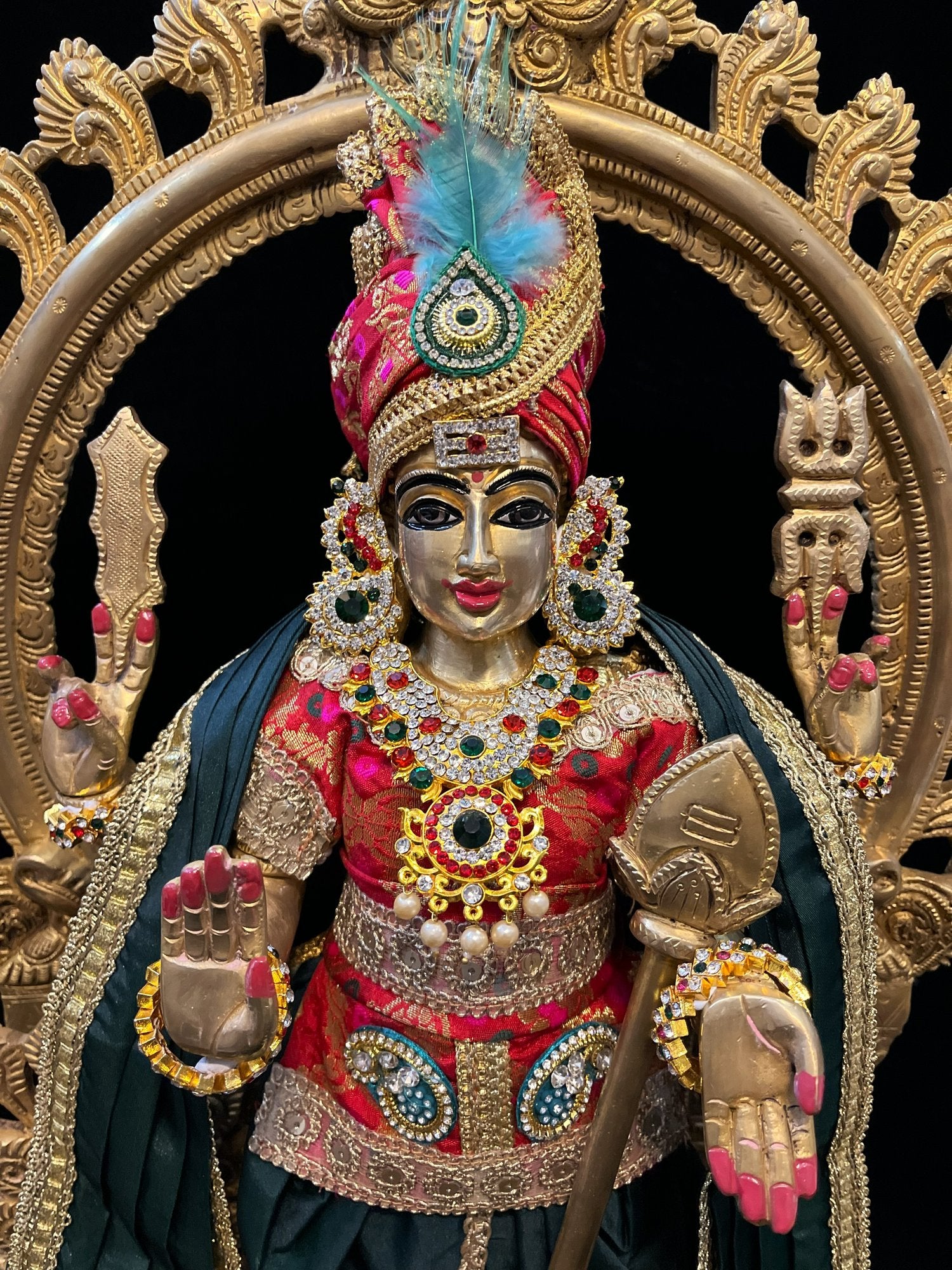Raja Murugan Pre-Stitched Silk Dress Set in Multicolored Chanderi Silk (not pure silk) - Red kurta and pagdi with Dark Green dhoti and shalya 6