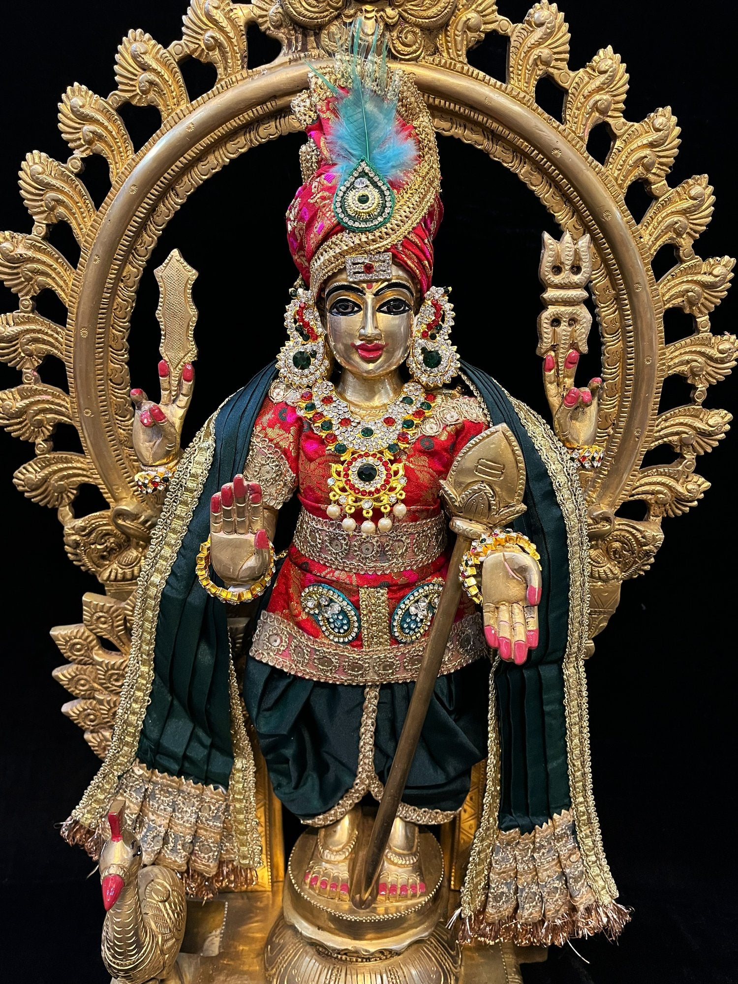 Raja Murugan Pre-Stitched Silk Dress Set in Multicolored Chanderi Silk (not pure silk) - Red kurta and pagdi with Dark Green dhoti and shalya 7