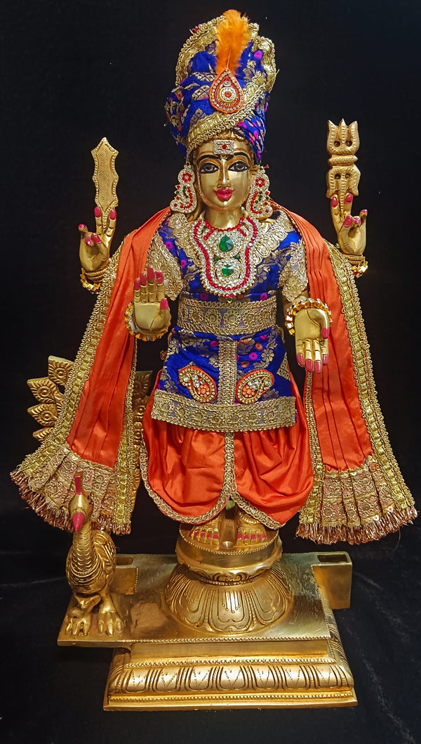 Raja Murugan Pre-Stitched Silk Dress Set in Multicolored Chanderi Silk (not pure silk) - Royal Blue kurta and pagdi with Orange dhoti and shalya